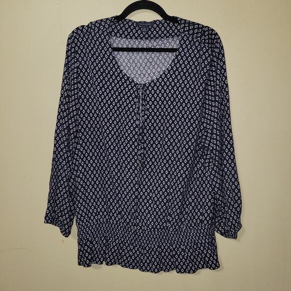 TOMMY HILFIGER Women's XL Top Blouse Navy & White Flowe Dot Sheer Lined Peasant - Picture 1 of 8
